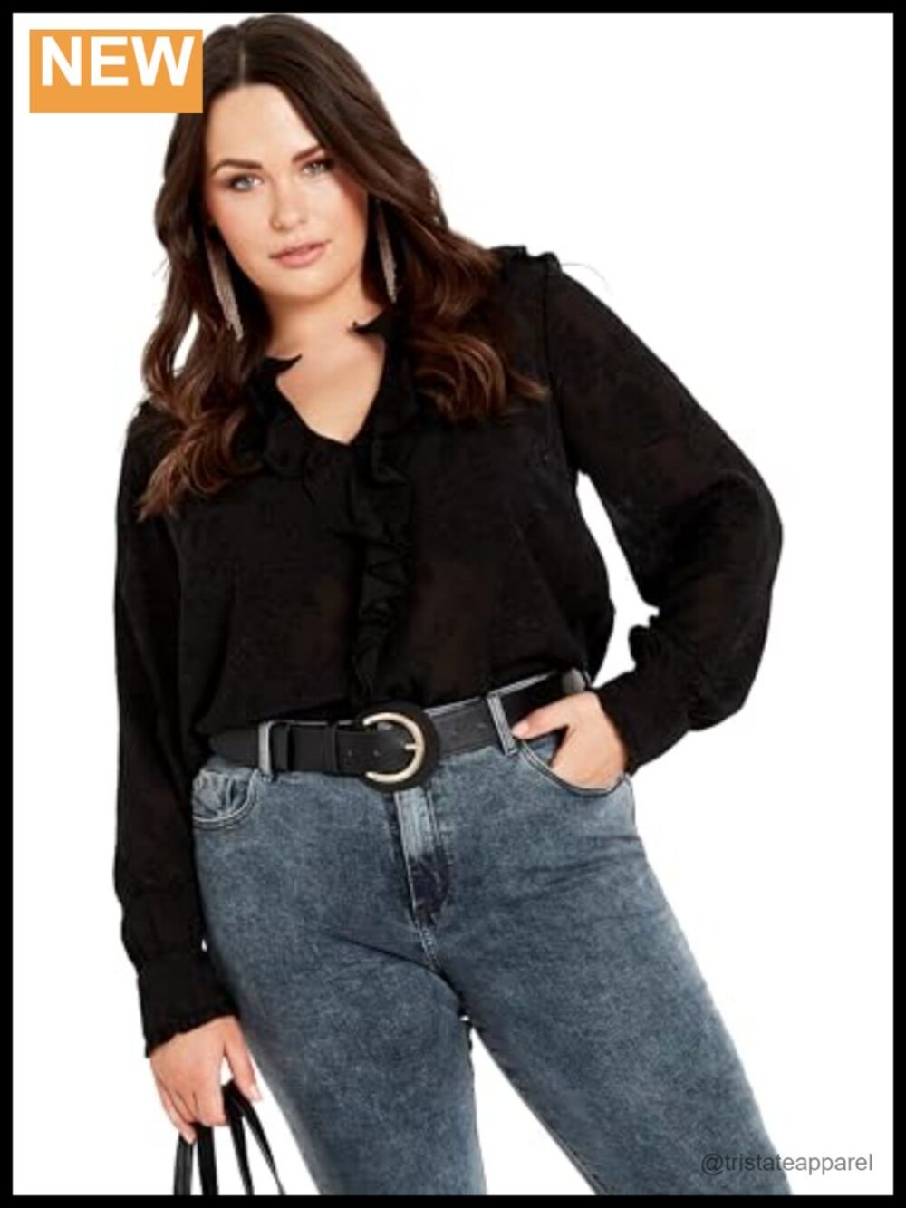 Plus Size Ruffle Neck Blouse with Button Closure Long Sleeve - Picture 1 of 5
